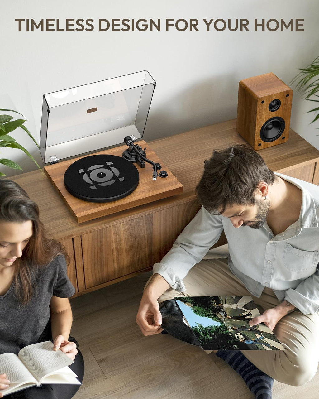 SoulBox S1 Vinyl Record Player with Stereo Speakers  Turntable with Built-in Preamp  S-Shaped Tonearm  33/45 RPM - Walnut