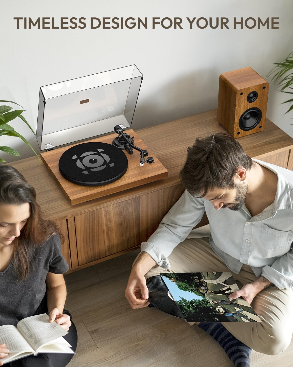 SoulBox S1 Vinyl Record Player with Stereo Speakers  Turntable with Built-in Preamp  S-Shaped Tonearm  33/45 RPM - Walnut