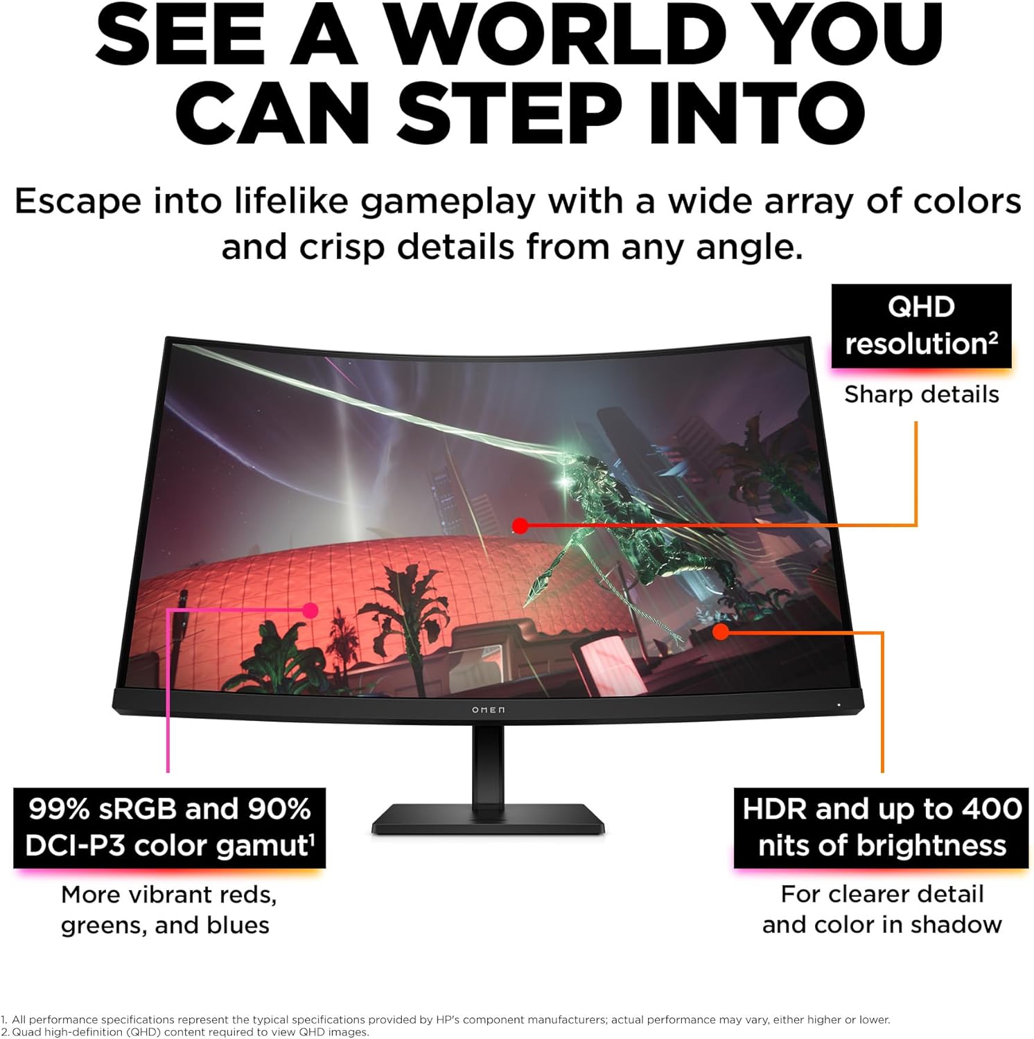 HP OMEN 32c QHD 165Hz Curved Gaming Monitor  QHD Display (2560 x 1440)  VA Panel  99% sRGB  90% DCI-P3  16:9  AMD FreeSync Premium Technology  32c (2023)