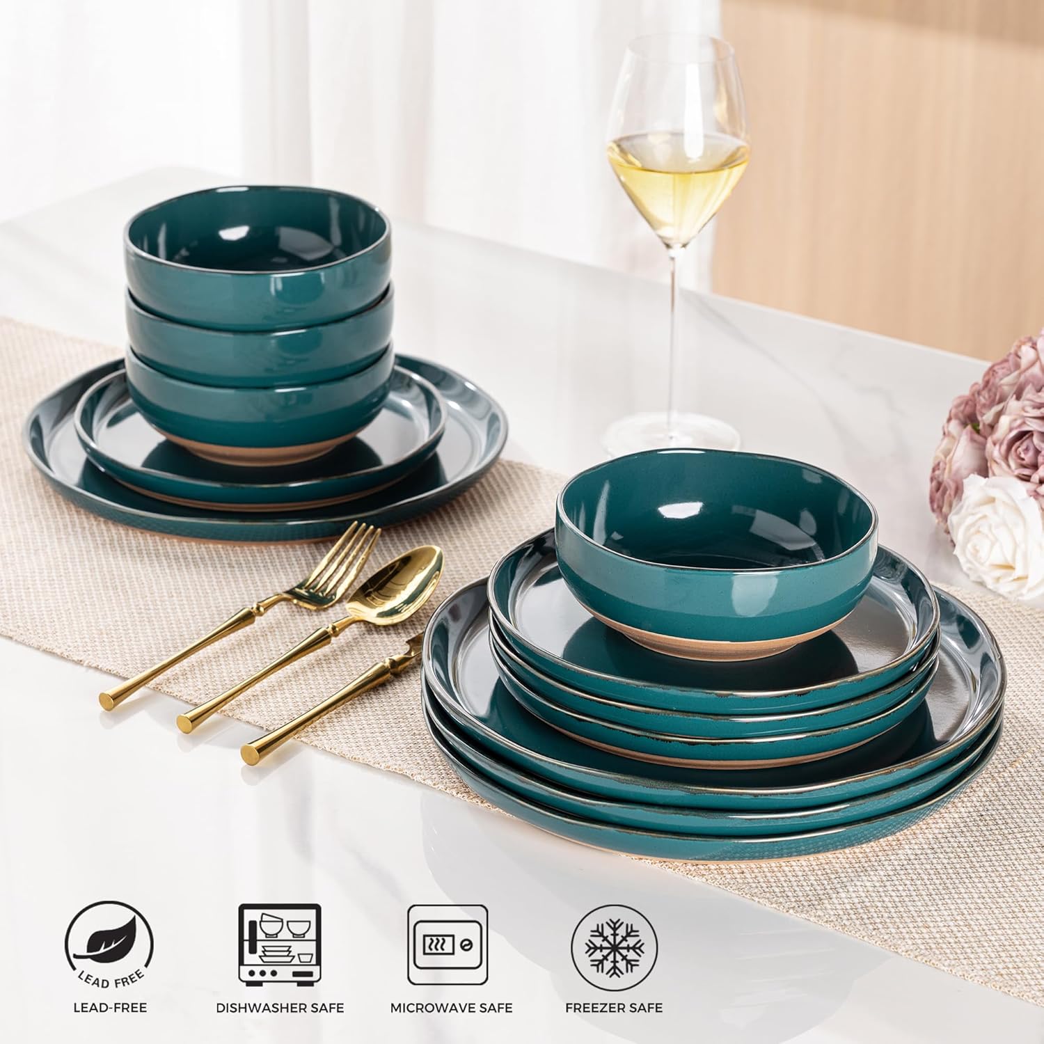 AmorArc Ceramic Dinnerware Sets for 4, 12 Pieces Handpainted Plates and Bowls Set with Rustic Terracotta Underside, Scratch Resistant Stoneware Dishes Set, Dishwasher & Microwave Safe