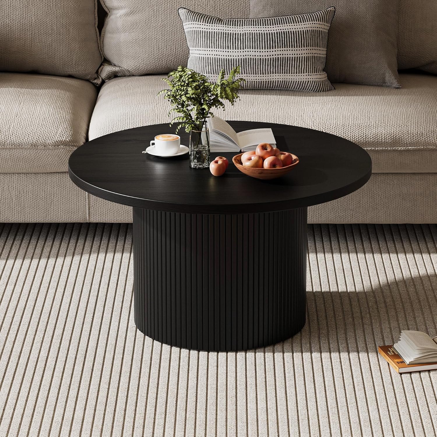 MAISONARIA Black Round Coffee Table with Metal Frame, 35" Coffee Tables for Living Room, Circle Wood Accent Center Table for Apartment