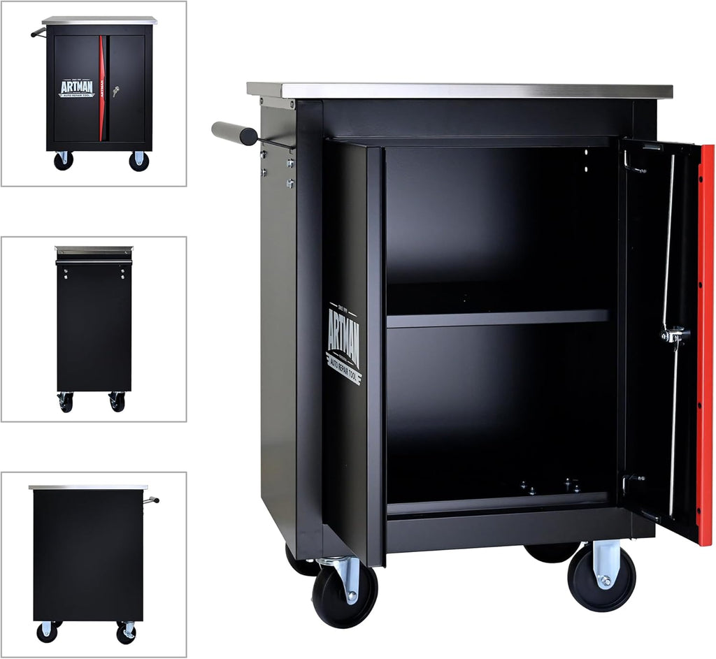 Artman Double Door Rolling Tool Chest, Black & Red Modular Tool Box with Wheels, Heavy-Duty Rolling Tool Cabinet for Garage & Workshop Storage