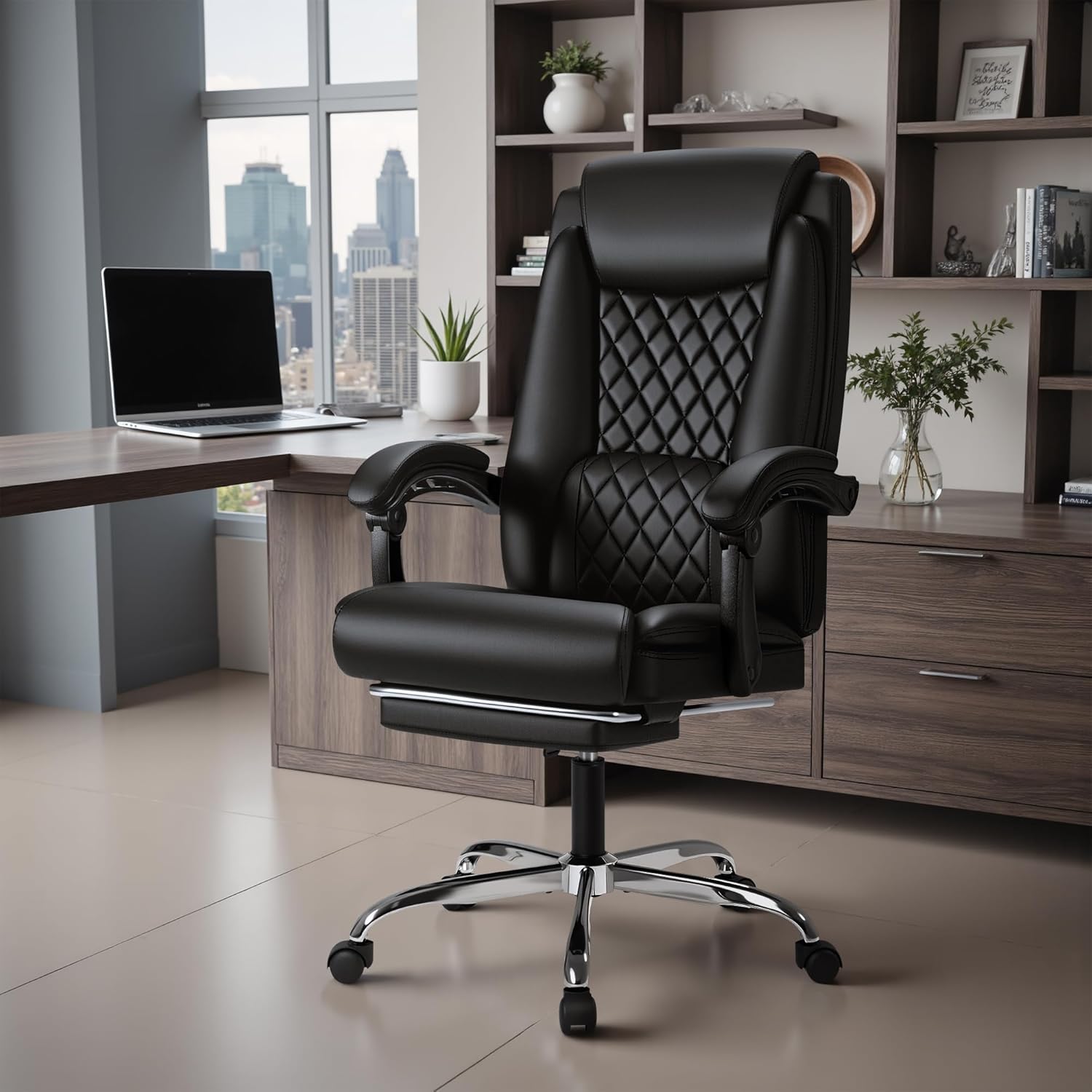 Furmax Office Chair with Footrest Ergonomic High Back Design Executive Computer Desk Chair400lbs, 90-135° Reclining Leather Home Office Desk Chairs Swivel Task Chairs with Wheels(Black)