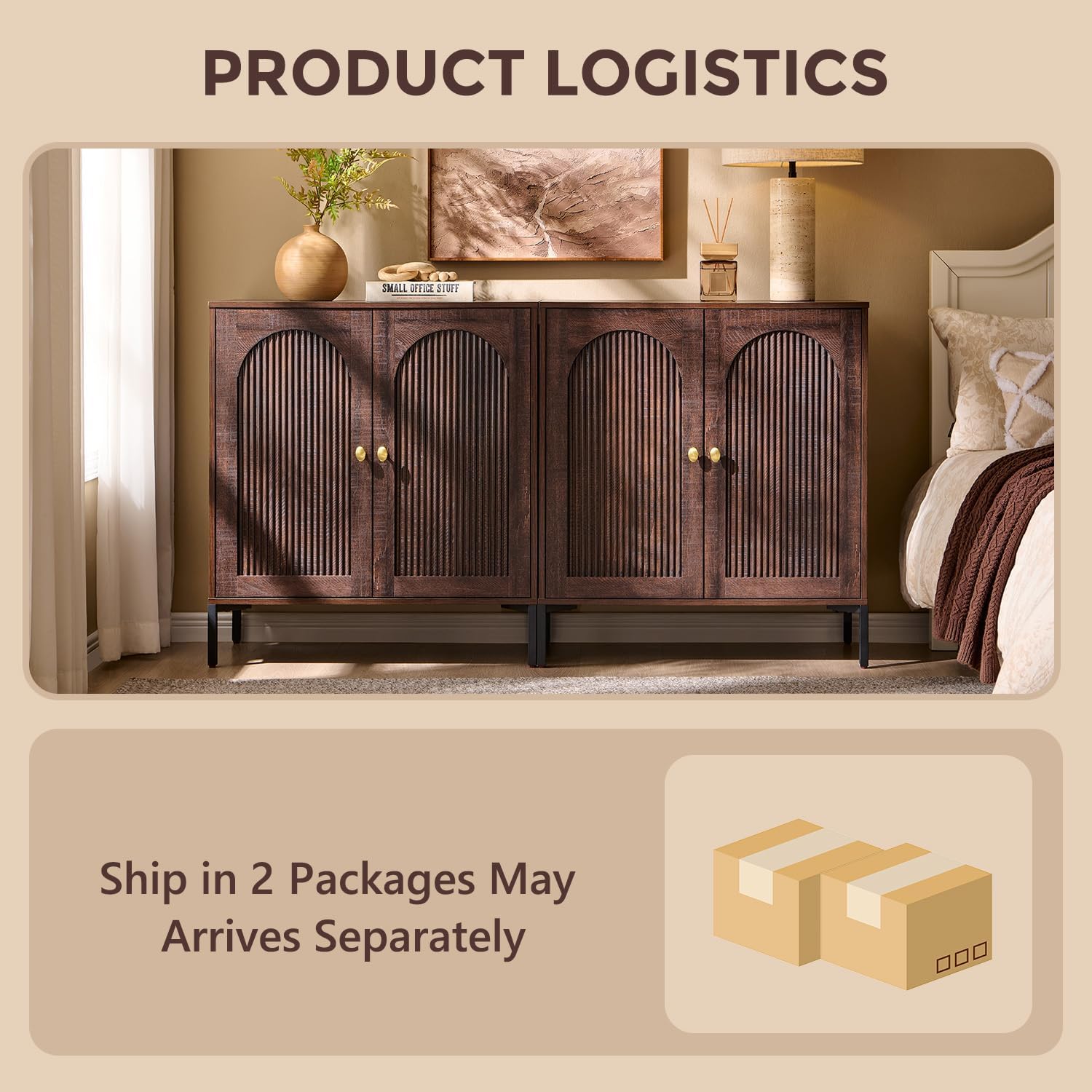 Modern TV Stands for 75 Inch TVs, 61.75‬"W Wood Entertainment Center w/Adjustable Shelves, Mid Century Modern TV Stand w/Arched Fluted Doors, Media Console Cabinet for Living Room, Brown
