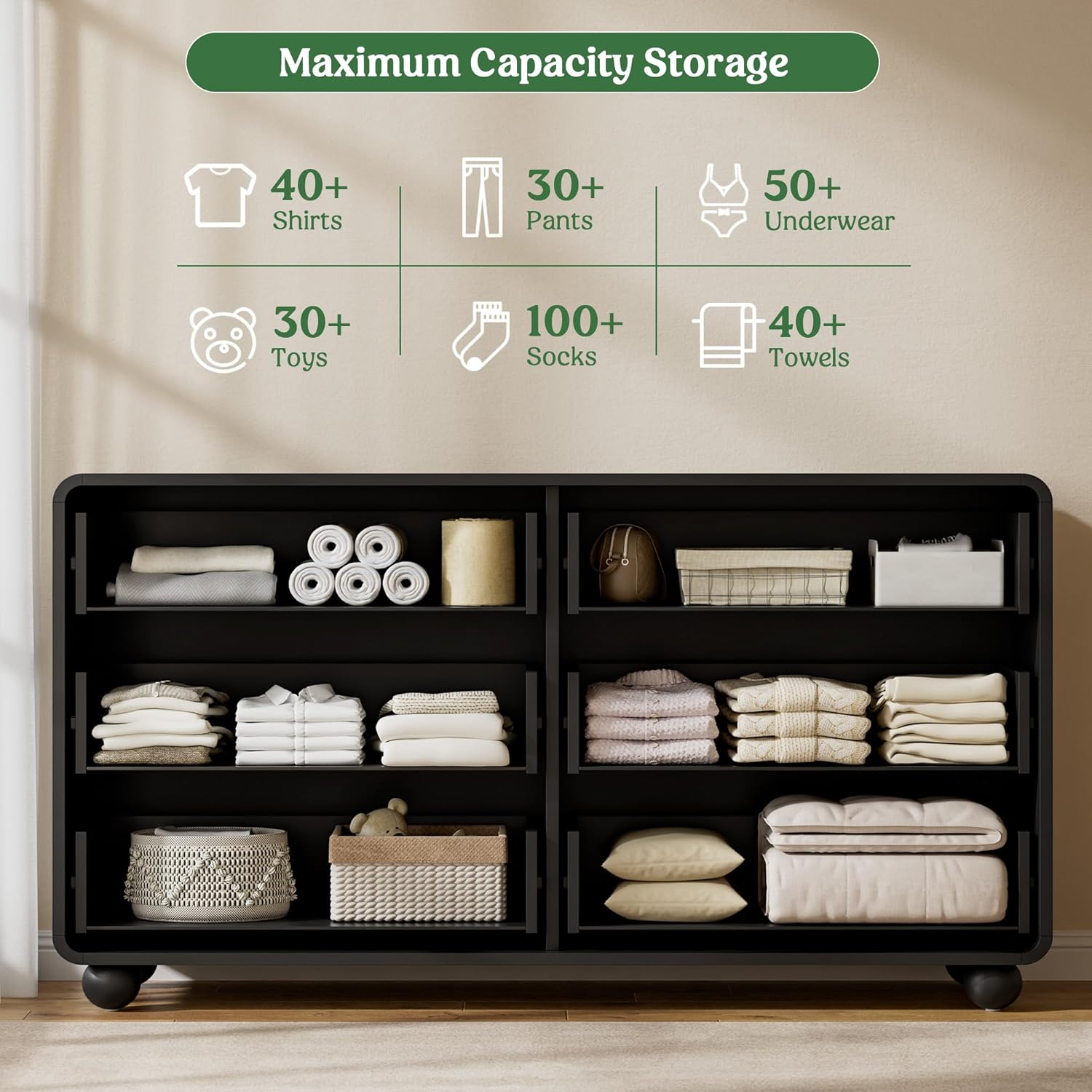 Lulive Wood Dresser for Bedroom, 53” Wide Chest of Drawers with 6 Drawers, Modern Closet Storage Drawer with Curved Profile Design for Living Room, Hallway, Entryway, Black