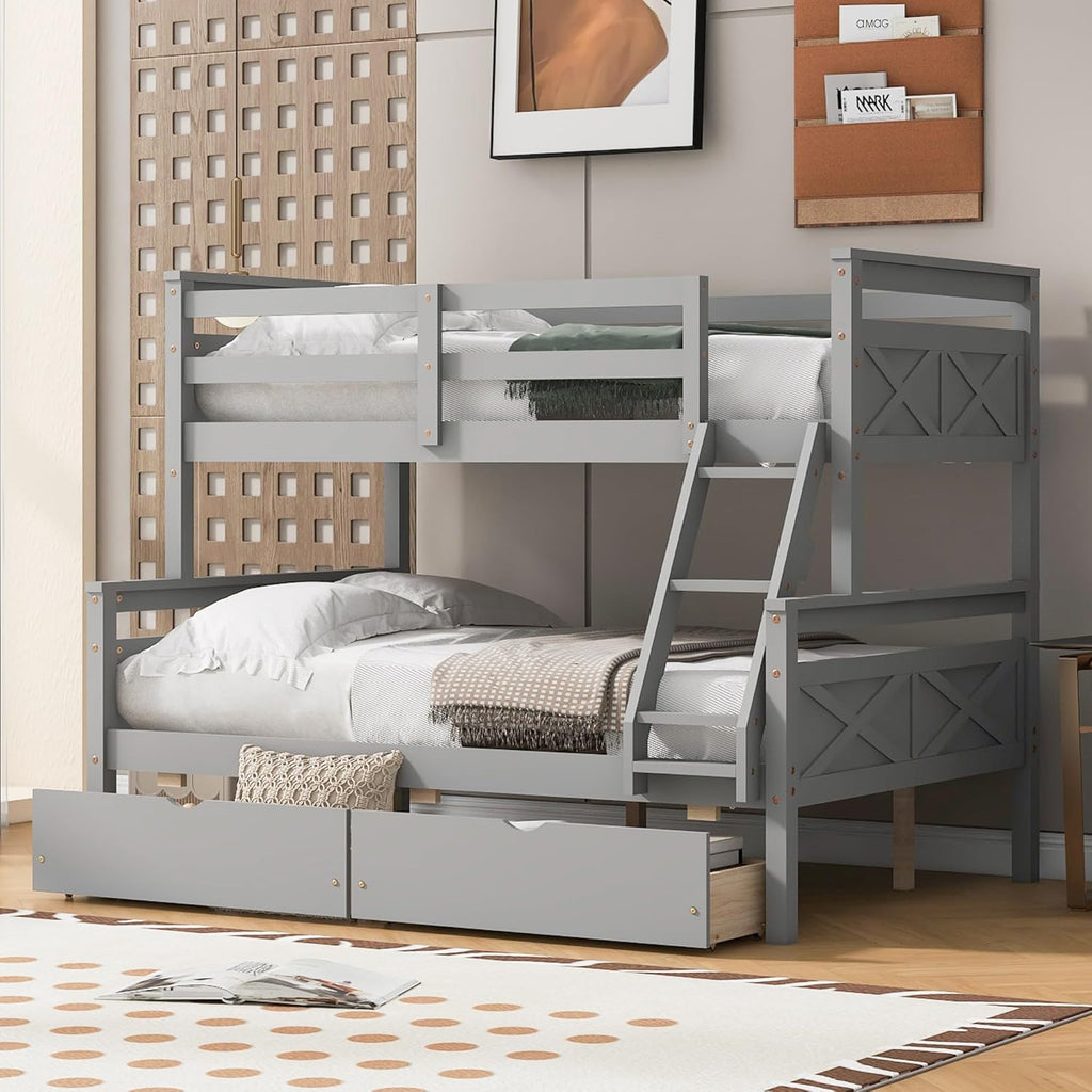 Merax Twin Over Full Bunk Bed with 2 Storage Drawers, Ladder and Guardrail, Can be Converted into 2 Separated beds, Grey