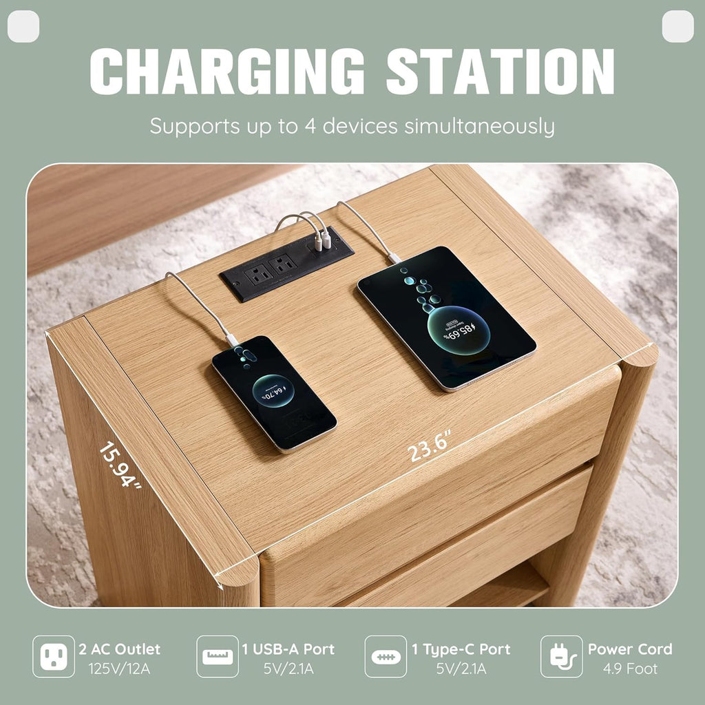 25" Tall Modern Nightstand Set of 2, 23.6" W Nightstand with Charging Station & 2 Storage Drawers & Open Shelf, Wood Night Stand w/Rounded Corner Design for Bedroom (Natural)