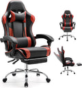 DUMOS Ergonomic Gaming Office Desk Chair with Footrest and Headrest for Adults, PU Leather Video Computer Chair with Linkage Armrests, Height Adjustable 360° Swivel Recling Chair, Black Red