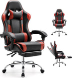 DUMOS Ergonomic Gaming Office Desk Chair with Footrest and Headrest for Adults, PU Leather Video Computer Chair with Linkage Armrests, Height Adjustable 360° Swivel Recling Chair, Black Red