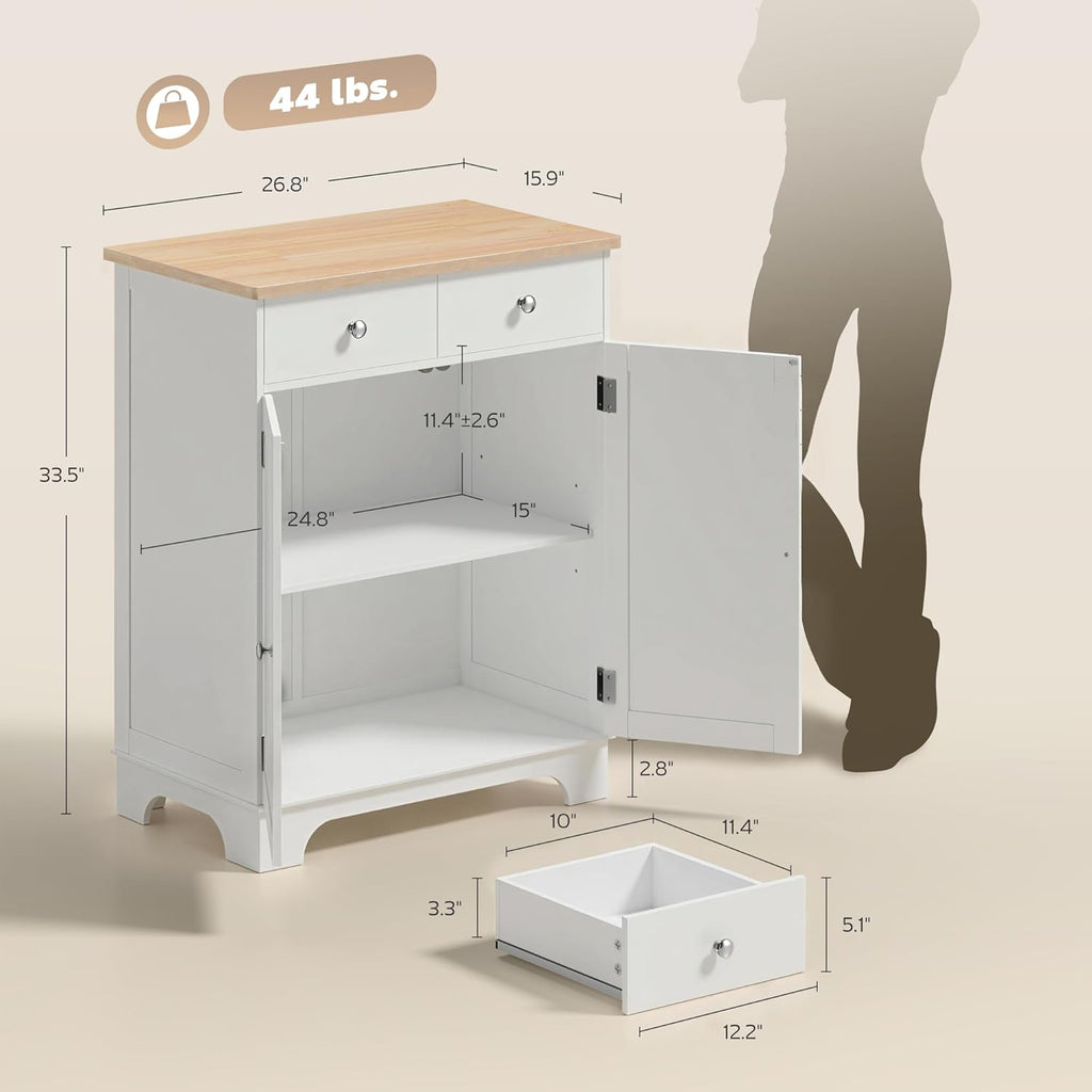 HOMCOM Sideboard Buffet Cabinet with Solid Wood Countertop, Modern Kitchen Storage Cabinet, Coffee Bar Cabinet with 2 Drawers, Doors and Adjustable Shelf, White