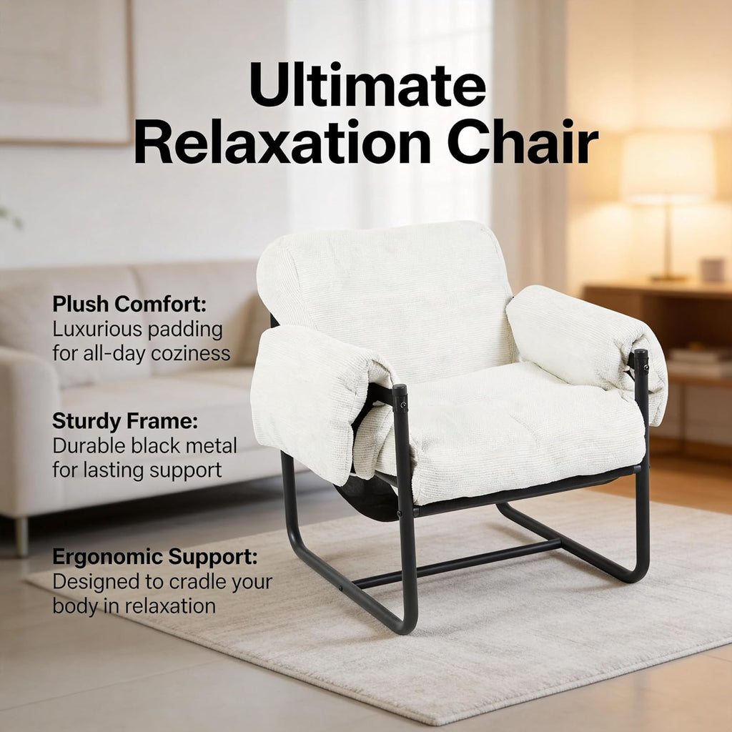 Kinfant Mid Century Modern Accent Chair, Chunky Upholstered Armchair with Metal Frame, Oversized Lounge Chair for Living Room Bedroom Small Spaces, Textured Chenille Fabric, Beige