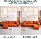 LINSY HOME Oversized Convertible Sofa Bed with 2 Pillows & Ottoman, Corduroy Boneless Couch Folding Modular Sleeper Sofa, L Shaped Couch Floor Sofa for Living Room Apartment, Upgrade Backrest (Orange)