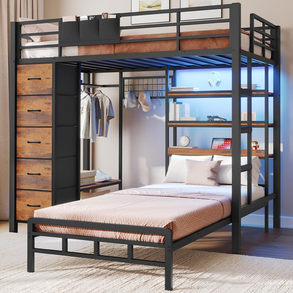 VIAGDO Bunk Bed Twin Over Twin with 5 Storage Drawers, Twin Bunk Beds with Charging Station and Lights, L-Shaped Metal Bunk Bed with Shelves, Bedside Pocket, Guardrail & Ladder for Kids, Teens, Black