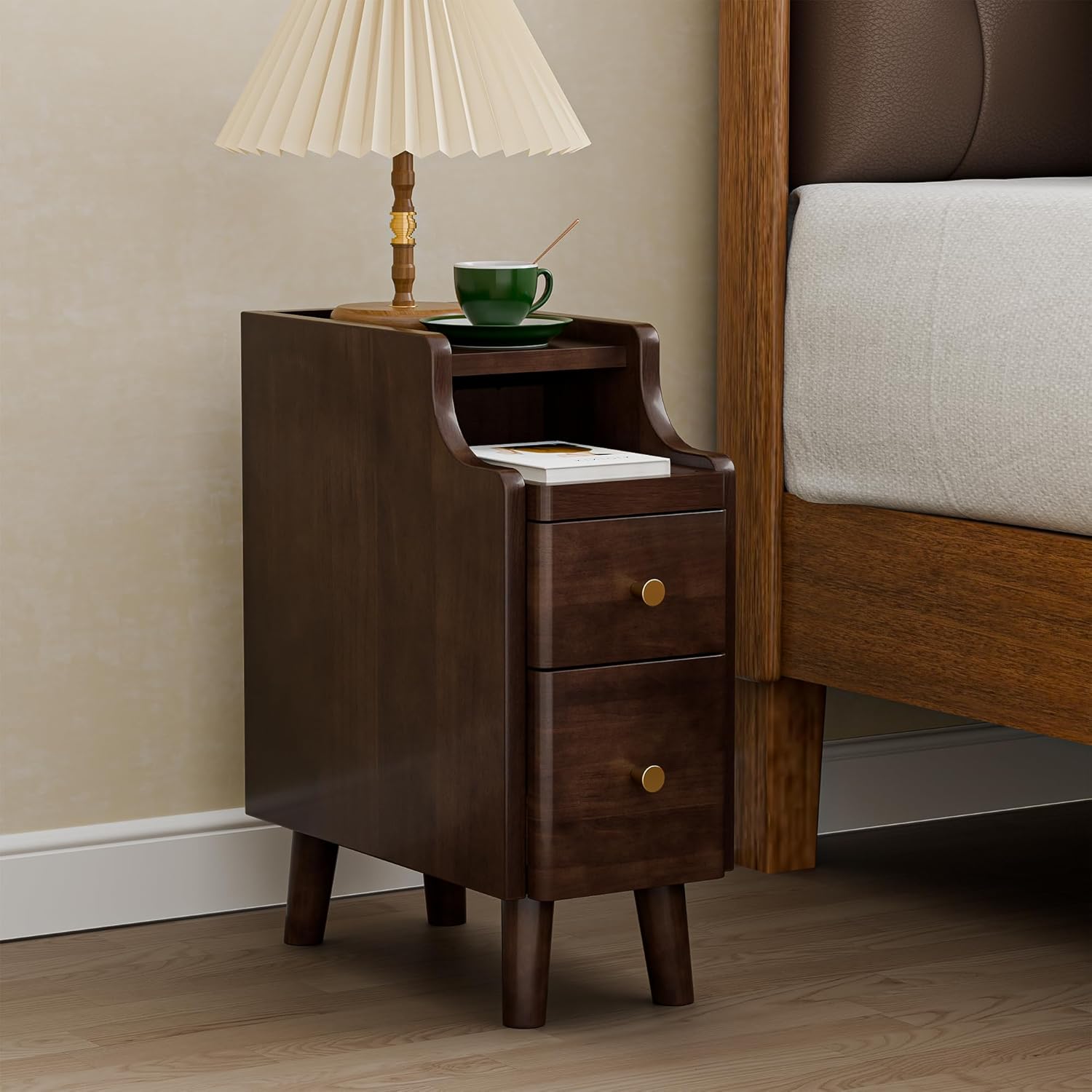 Narrow Nightstand with Drawers Set 2, Pre-Assembled Solid Wood Small Skinny Night Stand with Open Sliding Shelf Slim Bedside Table for Bedroom, Slim Side Table 2, Black Walnut, 8"