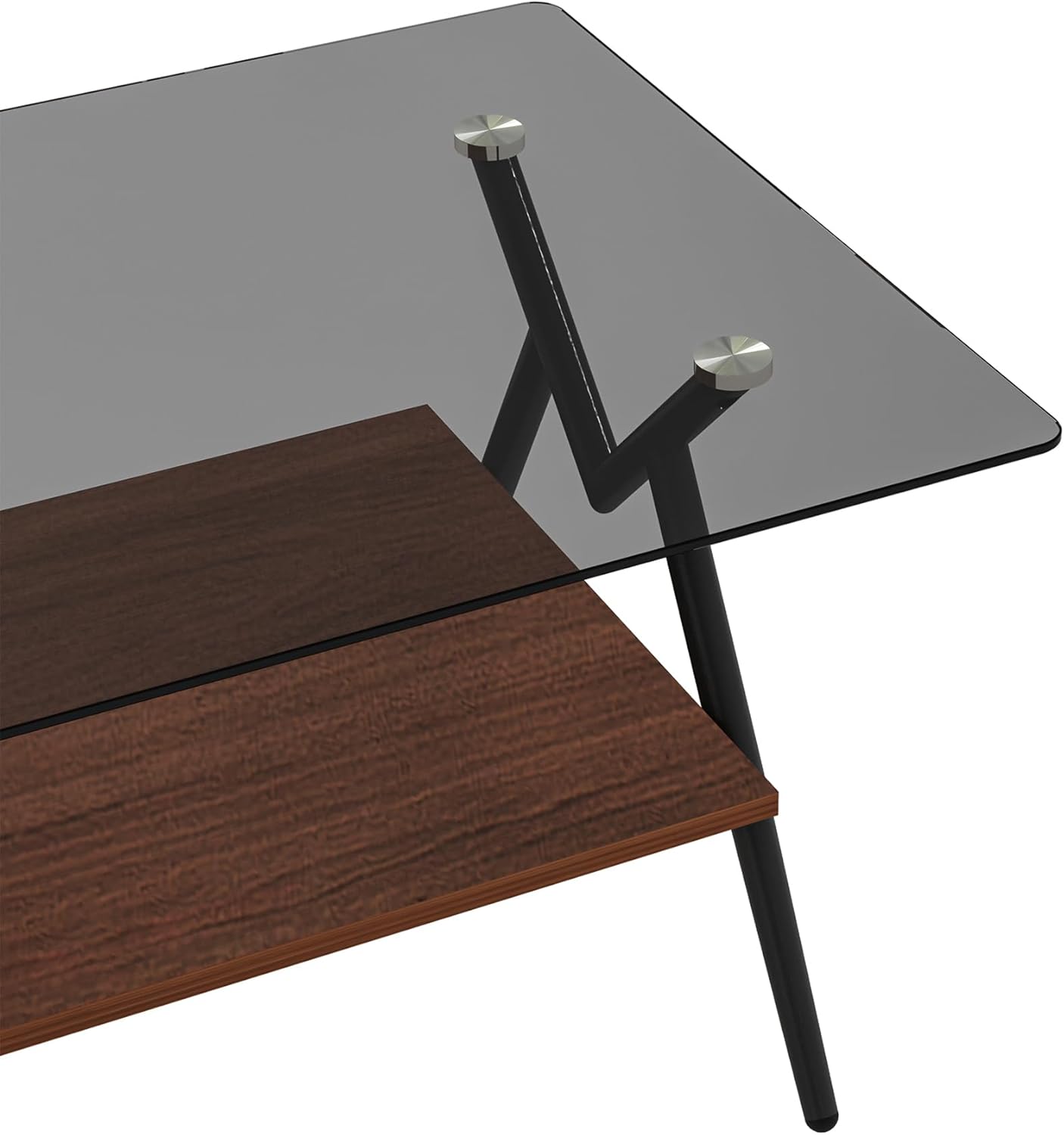 Casaphoria Rectangle Coffee Table for Living Room, Industrial 2-Tier Center Table with Gray Tempered Glass Top & Brown MDF Storage Shelf, Metal Legs, 220 lbs Weight Capacity (38.6")