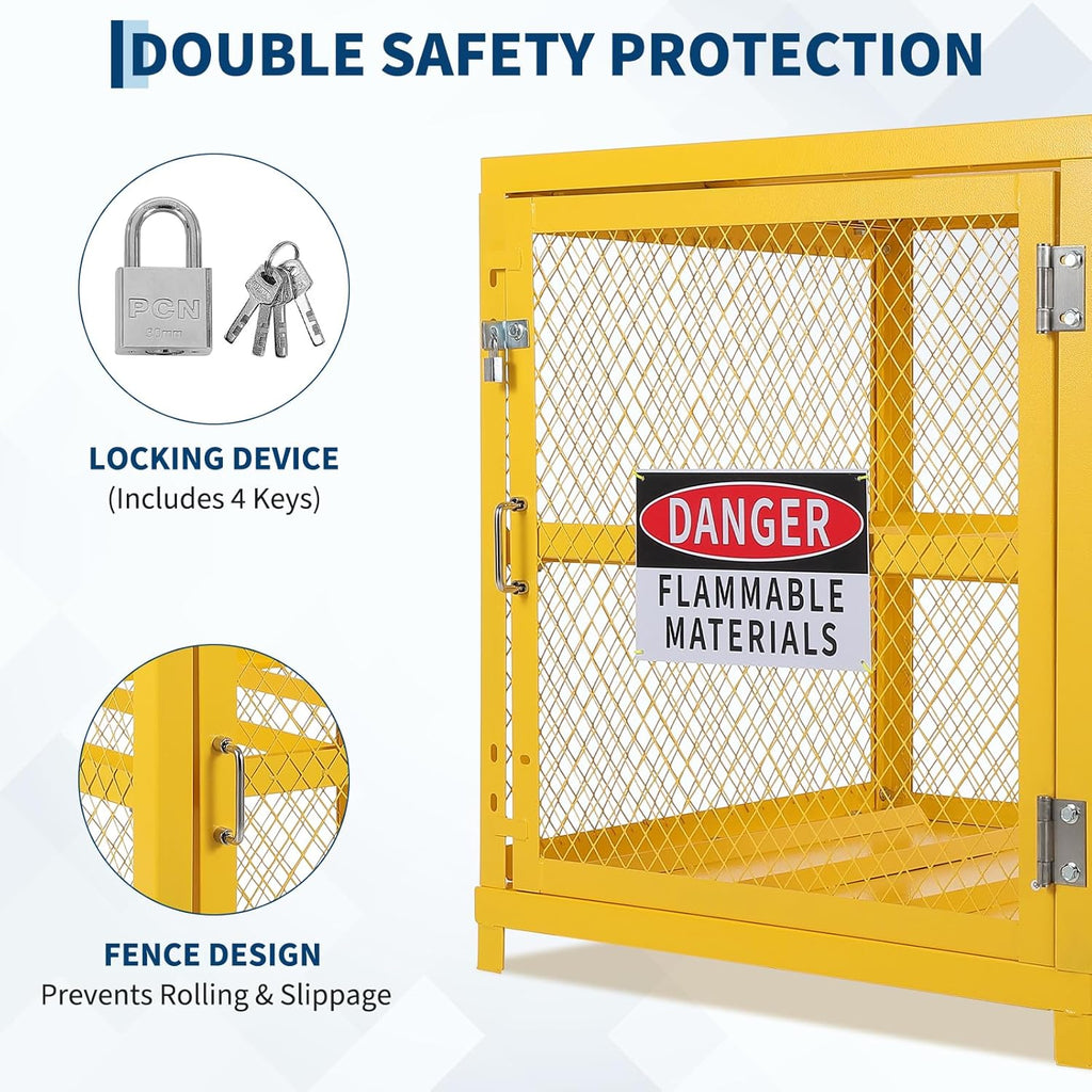 Garvee Horizontal Storage Cabinet Lockable Heavy-Duty for 4 Propane Cylinders 31x30x35 Inch OSHA-Compliant Gas Tank Cage w/Anti-Slip Guardrails, Yellow Powder Coated Steel, 2-Tier Workshop Storage