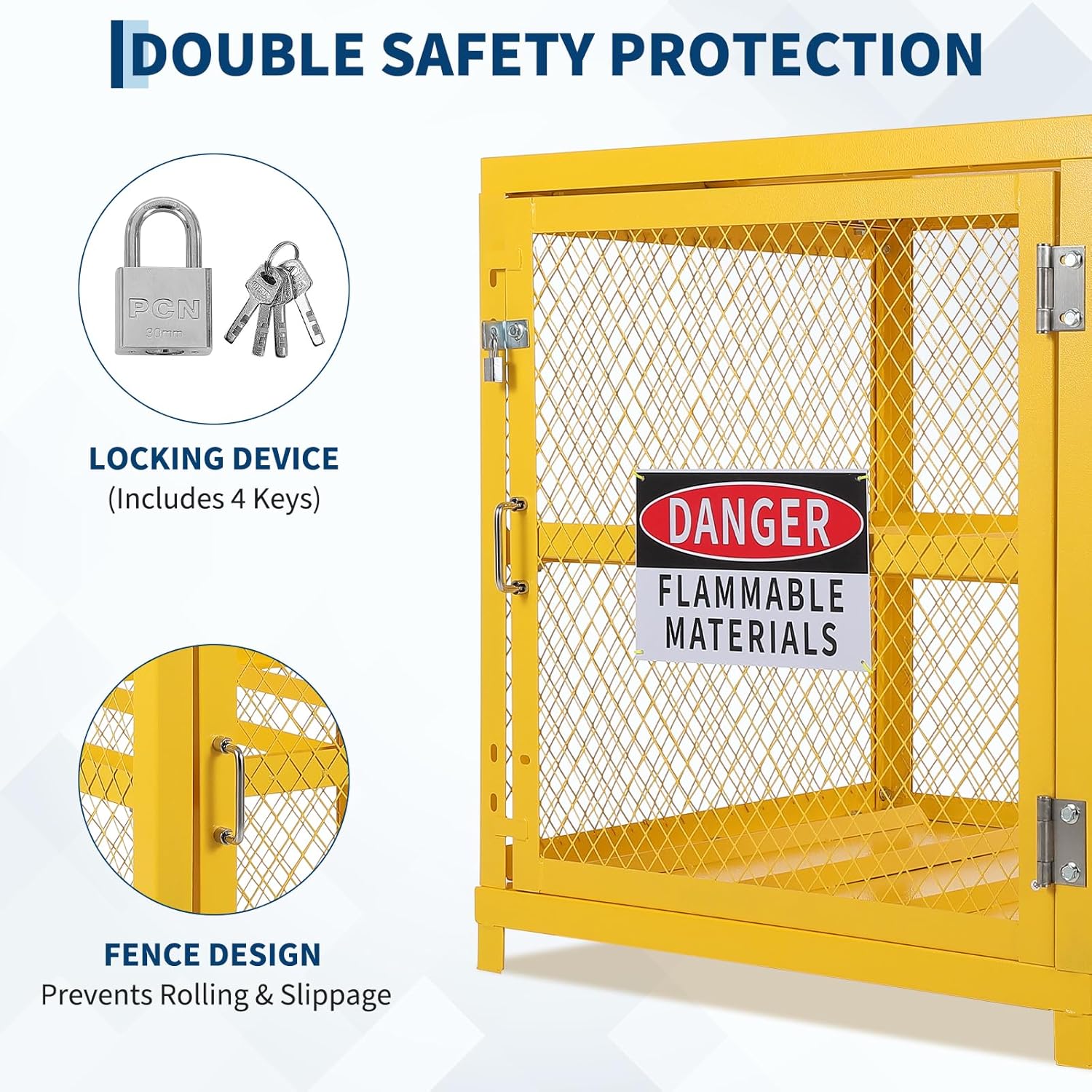 Garvee Horizontal Storage Cabinet Lockable Heavy-Duty for 4 Propane Cylinders 31x30x35 Inch OSHA-Compliant Gas Tank Cage w/Anti-Slip Guardrails, Yellow Powder Coated Steel, 2-Tier Workshop Storage