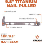 Wrango Tools 9.5" Titanium Nail Puller Cats Paw Pry Bar - 45% Lighter Than Steel - Side Nail Puller - 13mm Bolt Remover - Professional Contractor Grade - 5% Donated To Help Farmers