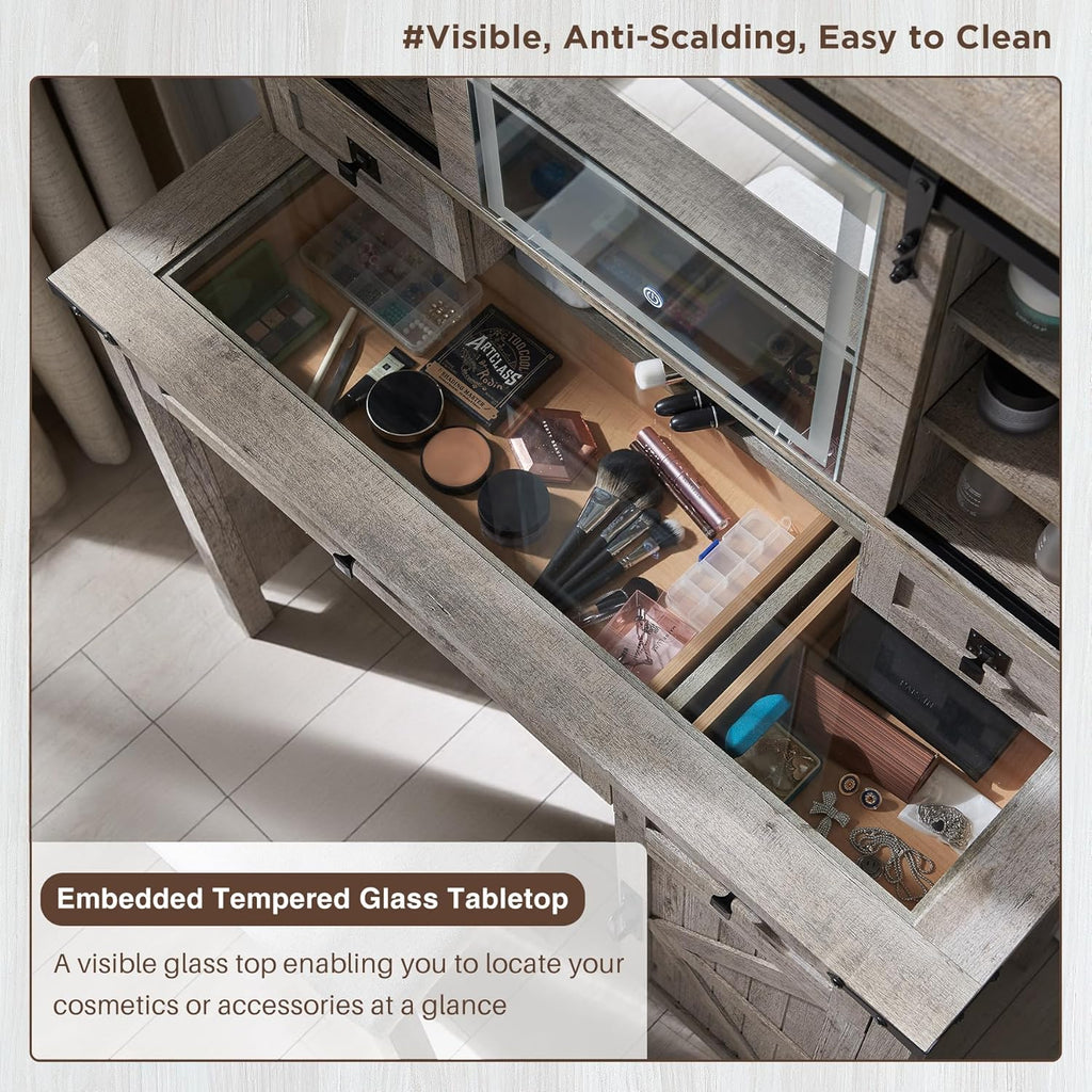 T4TREAM Farmhouse Makeup Vanity Desk with Sliding Mirror and Lights, 42'' Glass Tabletop Vanity Table with 2 Drawers & Shelves, Rustic Big Vanity Set for Bedroom, Light Rustic Oak
