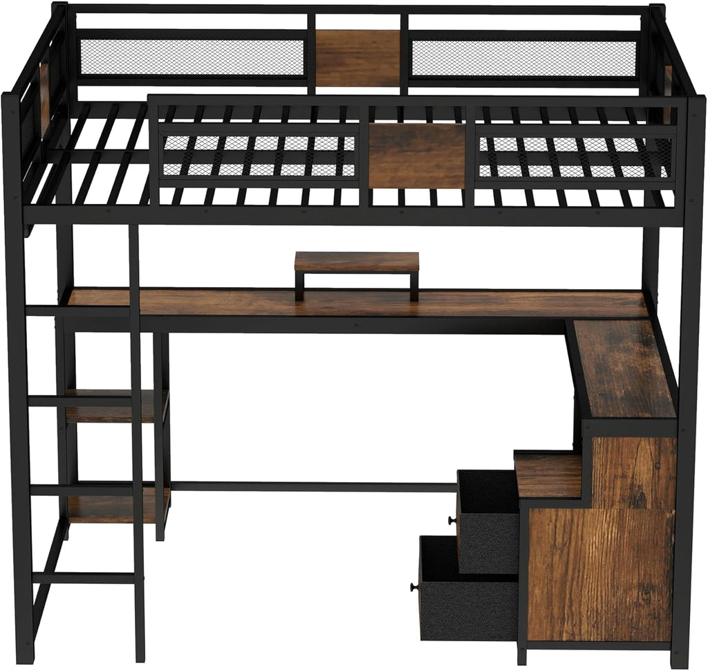 Bellemave Queen Loft Bed with Desk and Fabric Drawer, Metal Queen Loft Bed Frame with guardrail and Ladder for Adults, Kids, Teens, Black