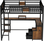 Bellemave Queen Loft Bed with Desk and Fabric Drawer, Metal Queen Loft Bed Frame with guardrail and Ladder for Adults, Kids, Teens, Black