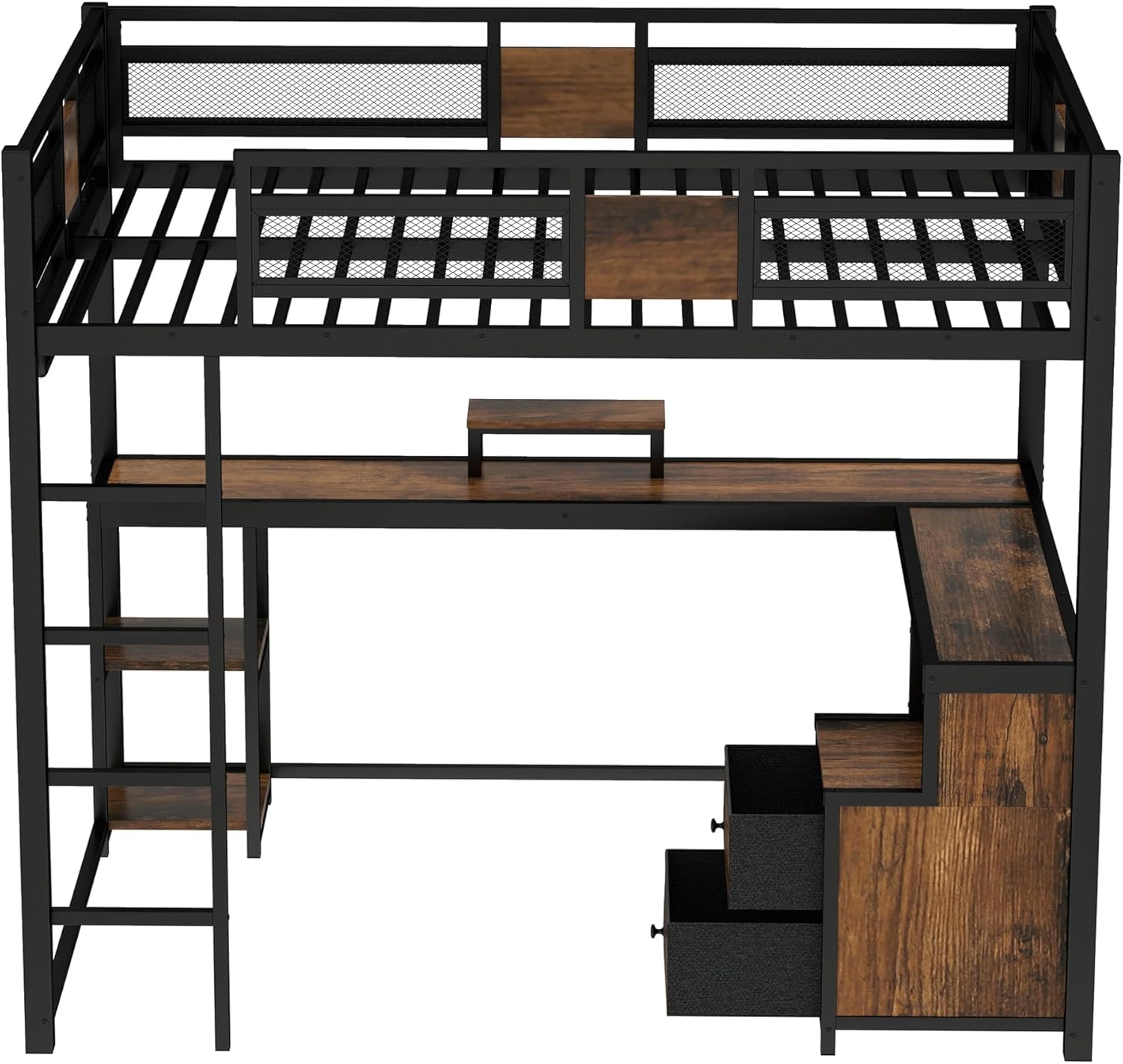 Bellemave Queen Loft Bed with Desk and Fabric Drawer, Metal Queen Loft Bed Frame with guardrail and Ladder for Adults, Kids, Teens, Black