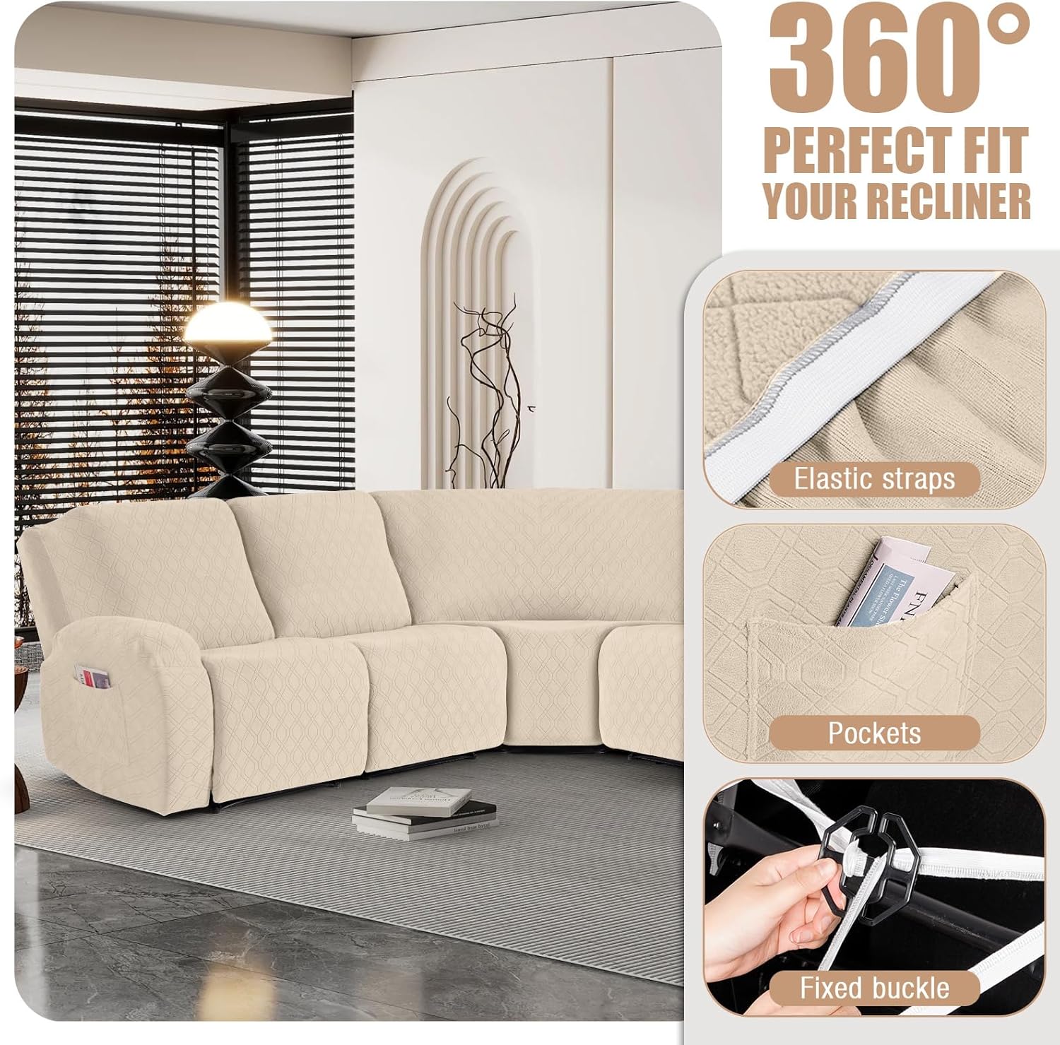 VANSOFY Extra Large Reclining Sectional Couch Covers, Washable 5-Piece Sofa Covers for L Shape Sectional Sofa Corner Seater, Thick, Soft Sofa Slipcovers (5 Seat Recliner Cover, Cream)