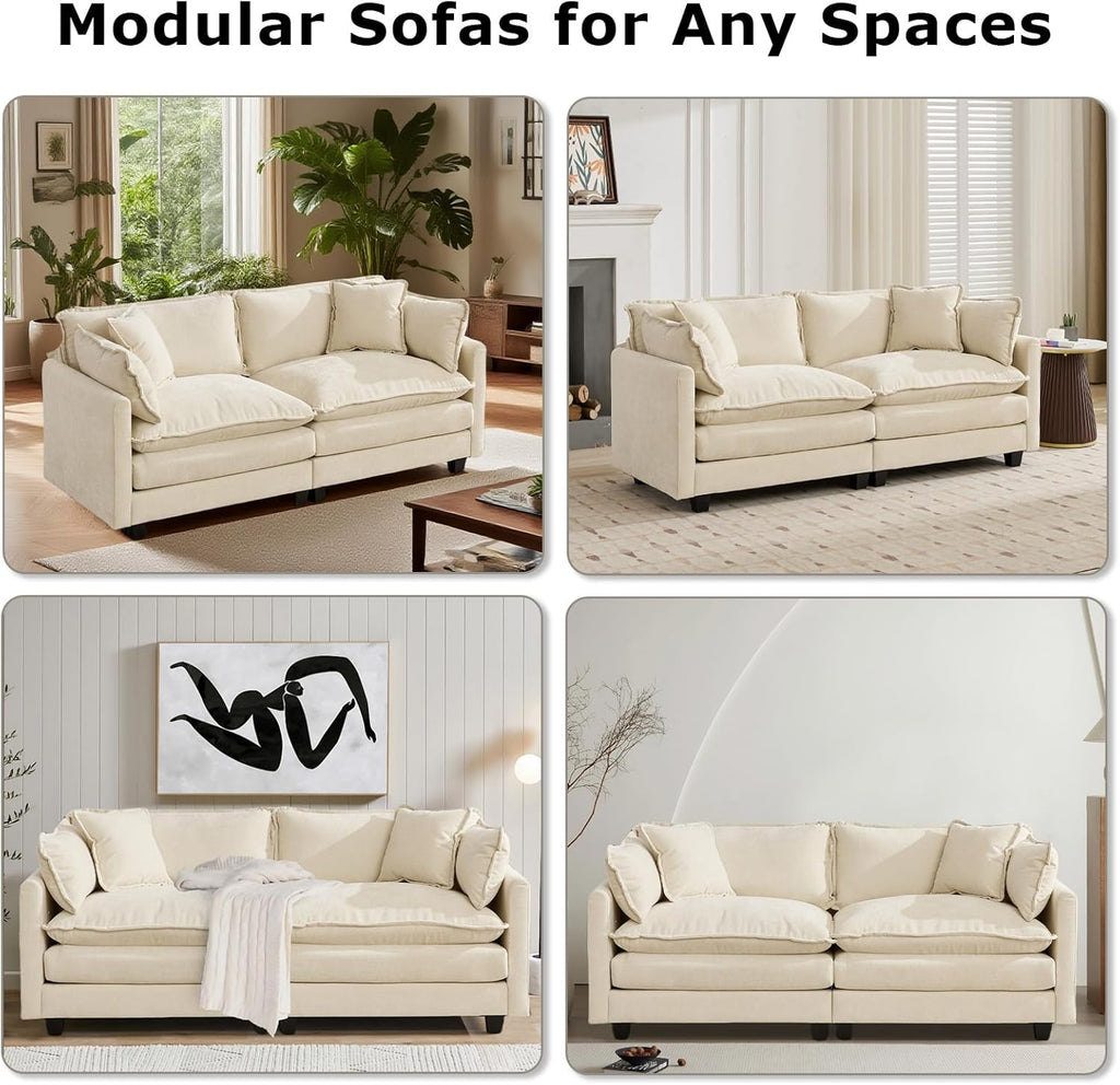 SoarFlash 77.95" Chenille Sectional Sofa, Comfy L Shaped Modular Coush Sofa with Ottoman, Modern 2 Seat Couch Deep Seat Sofa Set for Living Room,Beige