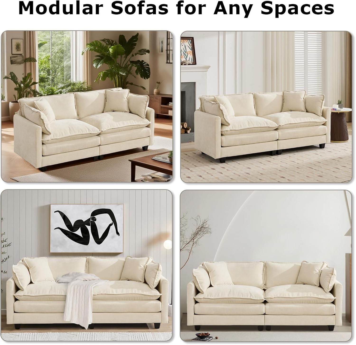 SoarFlash 77.95" Chenille Sectional Sofa, Comfy L Shaped Modular Coush Sofa with Ottoman, Modern 2 Seat Couch Deep Seat Sofa Set for Living Room,Beige