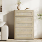 SICOTAS Tall Dresser for Bedroom - Rattan 5 Drawer Dressers Chest of Drawers with Push-to-Open Design, Boho Extra Deep Clothes Dresser with Large Storage for Closet, Living Room, Sand Oak