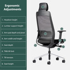 Ergonomic Mesh Office Chair with Headrest, High Back Executive Chair, 4D Adjustable Armrests, Adjustable Lumbar Support, Sliding Seat & Multi-Position Tilt Lock, Aluminum Base – Black