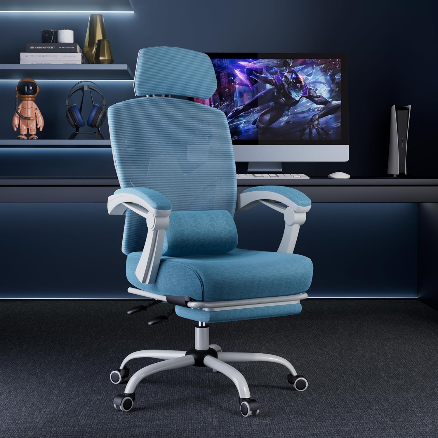 DUMOS Office Desk Computer Chair with Footrest, Ergonomic Mesh Swivel Gaming Chair with Rolling Wheels, Comfortable Headrest, Lumbar Support, Comfy for Home, Office, Task, Student, Elegant Blue