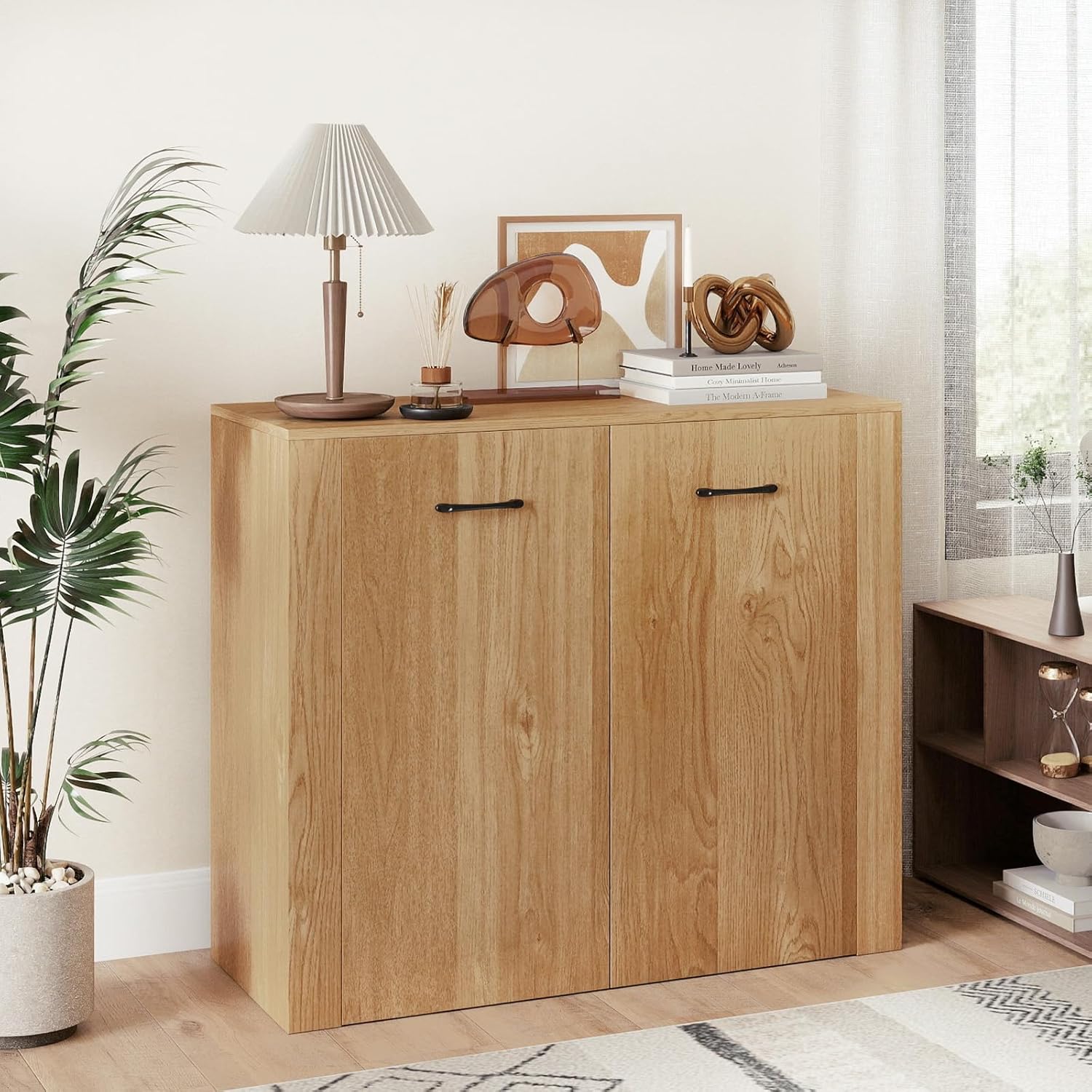 Giantex Modern Storage Cabinet, 38" Credenza with 2 Doors and 4 Cubic Shelves, Anti-Tipping Device, Sturdy Metal Hings, Wooden Sideboard Cabinet for Living Room, Kitchen, Entryway, Natural