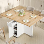 Space Saving Folding Dining Table with 2 Tier Storage-Extendable Drop Leaf Farmhouse Wood Kitchen Dining Room Tables Set for 4, Folding Kitchen Table with 6 Wheels, (Light Brown)