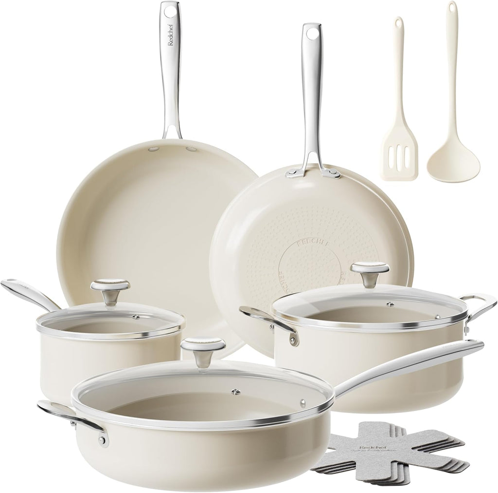 Redchef Ceramic Nonstick Cookware Set,14pcs Pots and Pans Set Non Stick,Induction Cookware with Stainless Steel Handle,Non Toxic Kitchen Cooking Set,Dishwasher & Oven Safe,PFAS PFOA & PTFE Free