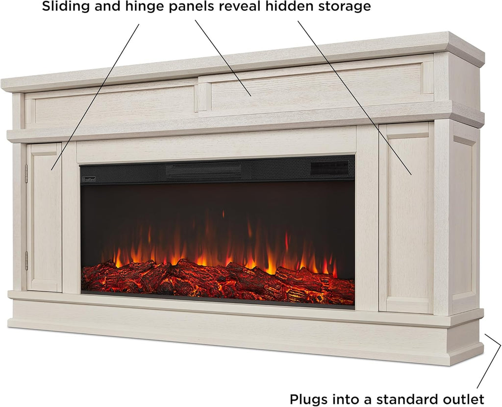 Real Flame Torrey 60” Electric Fireplace TV Stand for TVs up to 60 inches, Entertainment Center with Adjustable Shelves and Hidden Storage, TV Stand for Living Room and Bedroom, Bone White
