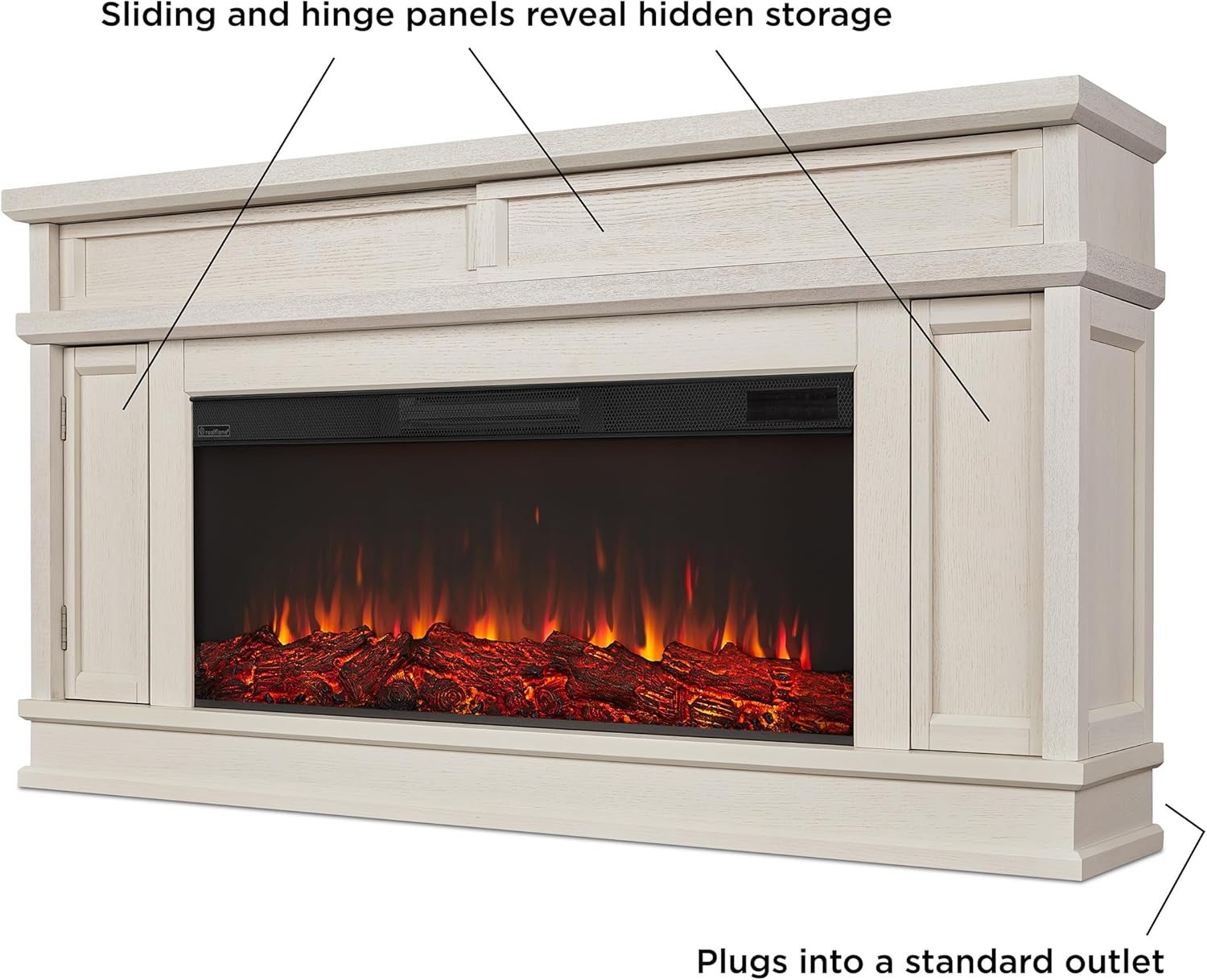 Real Flame Torrey 60” Electric Fireplace TV Stand for TVs up to 60 inches, Entertainment Center with Adjustable Shelves and Hidden Storage, TV Stand for Living Room and Bedroom, Bone White