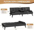 Shintenchi Futon Sofa Bed, Leather Foldable Couch, Reclining Sleeper with Removable Armrests, Upholstered Loveseat Sofa Couch with Folding Cup Holders for Home, Office(Black)
