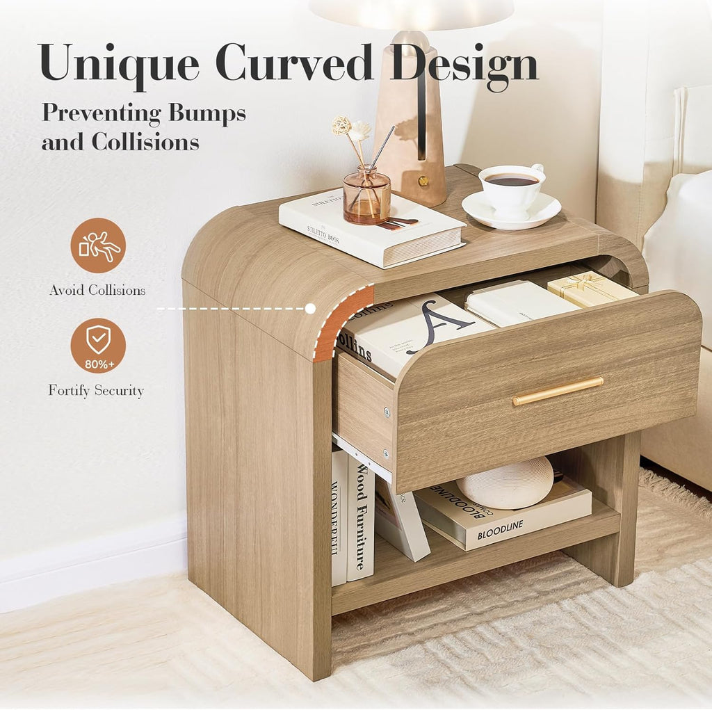 Night Stand Set of 2 Unique Curved Profile FSC-Certified Wooden Board 1-Drawer and 1 Storage Shelf Nightstand 24" H Metal Handle Modern Bedside Table Side Table End Table for Bedroom