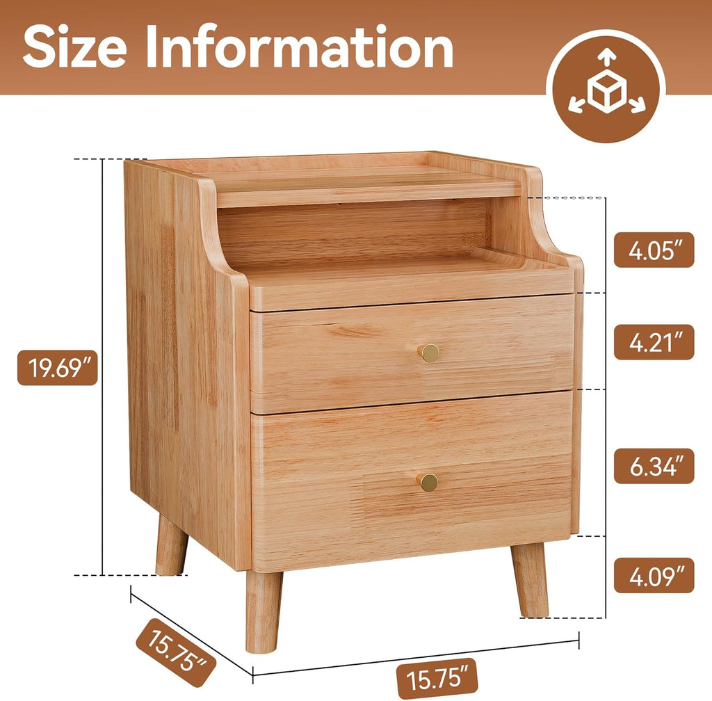 Nightstand Set of 2, Pre-Assembled, 19.7“H Solid Wood Night Stand with 2 Drawers, Open Sliding Shelf, Mid Century Modern Small Bedside Table for Bedroom, Natural Oak 16"
