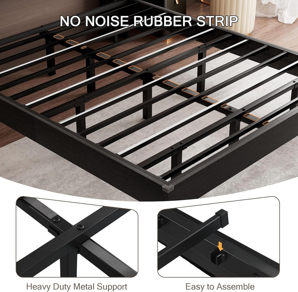 Bed Frame Queen Size with LED Lights & Charging Station – Kids Wood Floating Queen Bed Frame with Storage Headboard, Adhesive Slats, Kick-Free & Noise-Free Design, Easy Assembly, Black