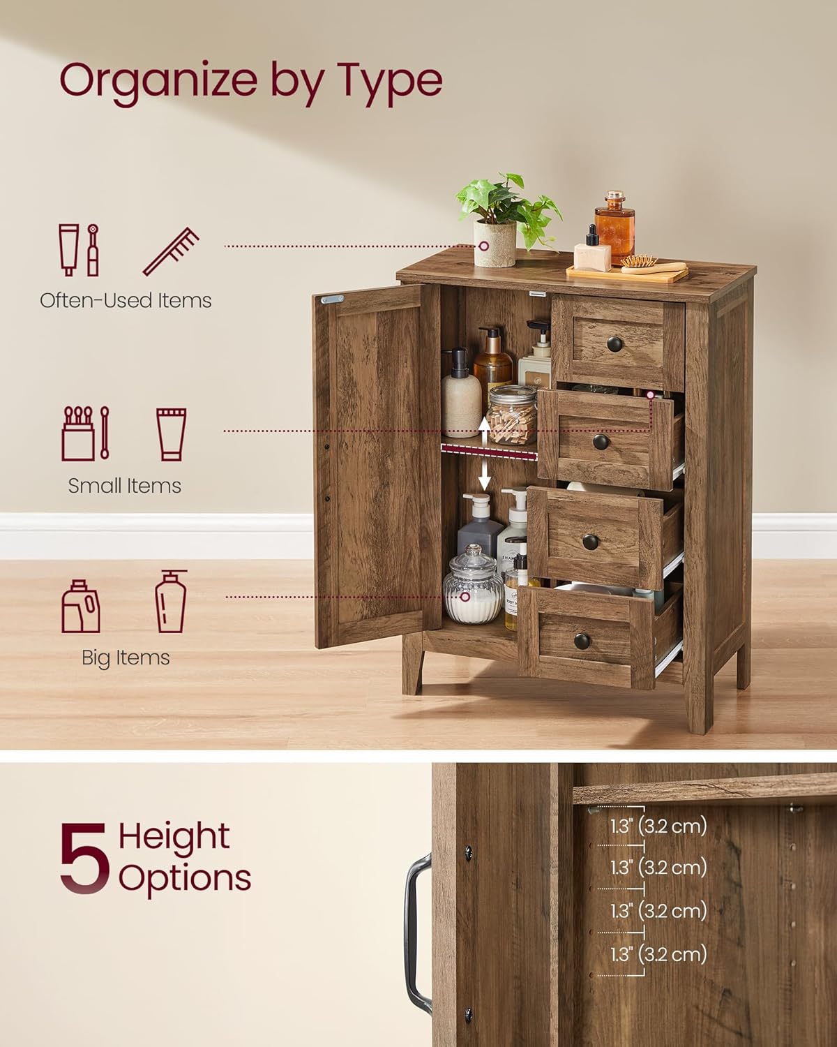 VASAGLE LIRY Collection - Storage Cabinet, Farmhouse Bathroom Floor Cabinet with 4 Drawers, Freestanding Storage Organizer, Barn Door, Adjustable Shelf, Honey Brown, UBBK753K01