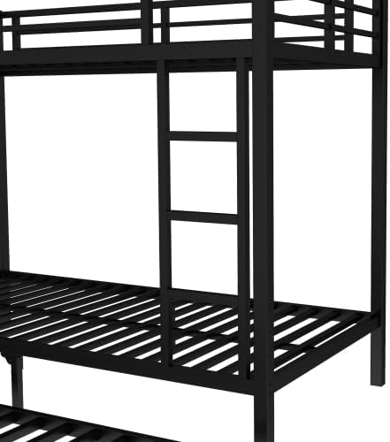 Metal Bunk Bed Twin XL over Twin XL with Trundle for 3 Kids/Teens/Adults, Heavy-duty Metal Bunk Bed Frame with Ladder & Safety Guardrail, Space-saving Design for Bedroom/Kidsroom/Dorm, Black