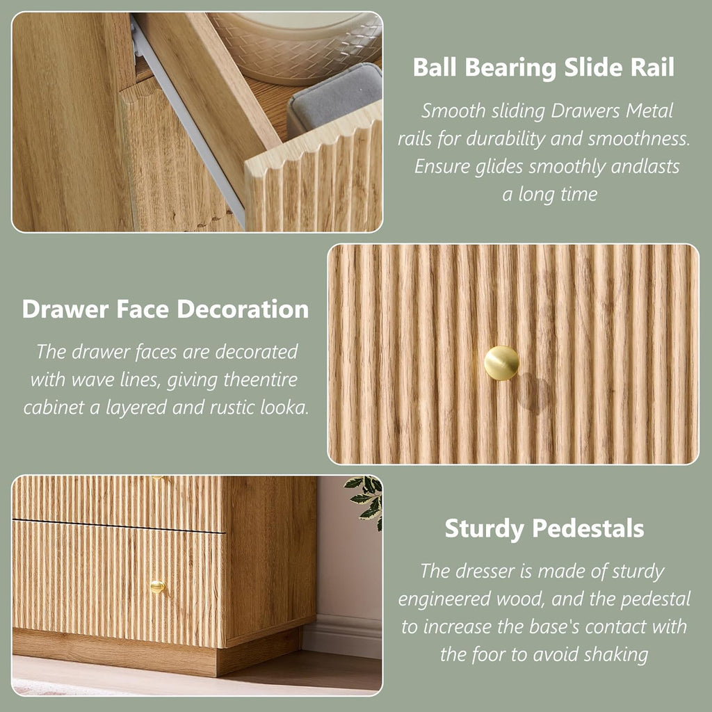 Fluted Dresser for Bedroom, 48" H 7 Drawer Dressers, Wood Tall Dresser Storage Organizer, Modern Bedroom Chest with Deep Storage for Closet Hallway, Entryway, Living Room Natural