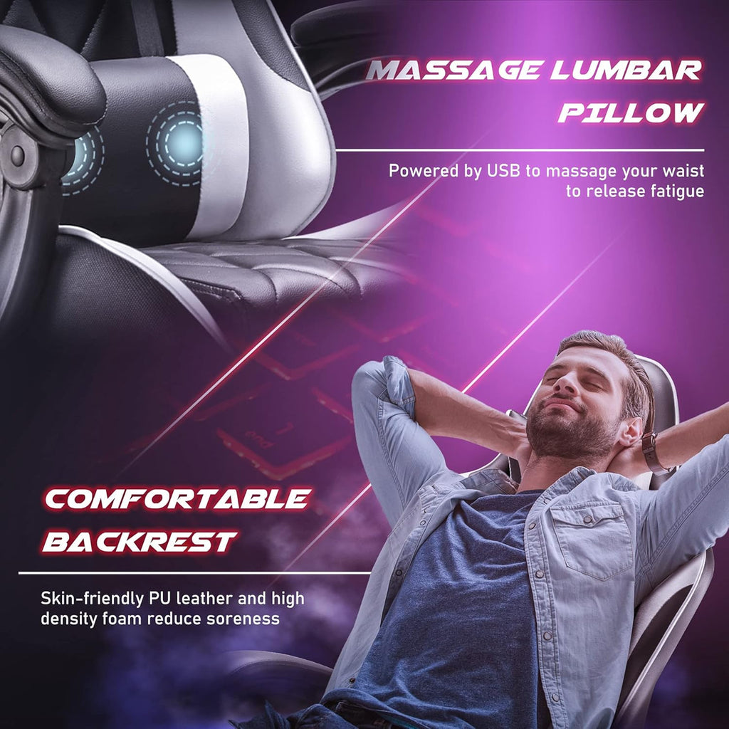 Homall Gaming Chair, Computer Chair with Footrest and Massage Lumbar Support, Ergonomic High Back Video Game Chair with Swivel Seat and Headrest (White)