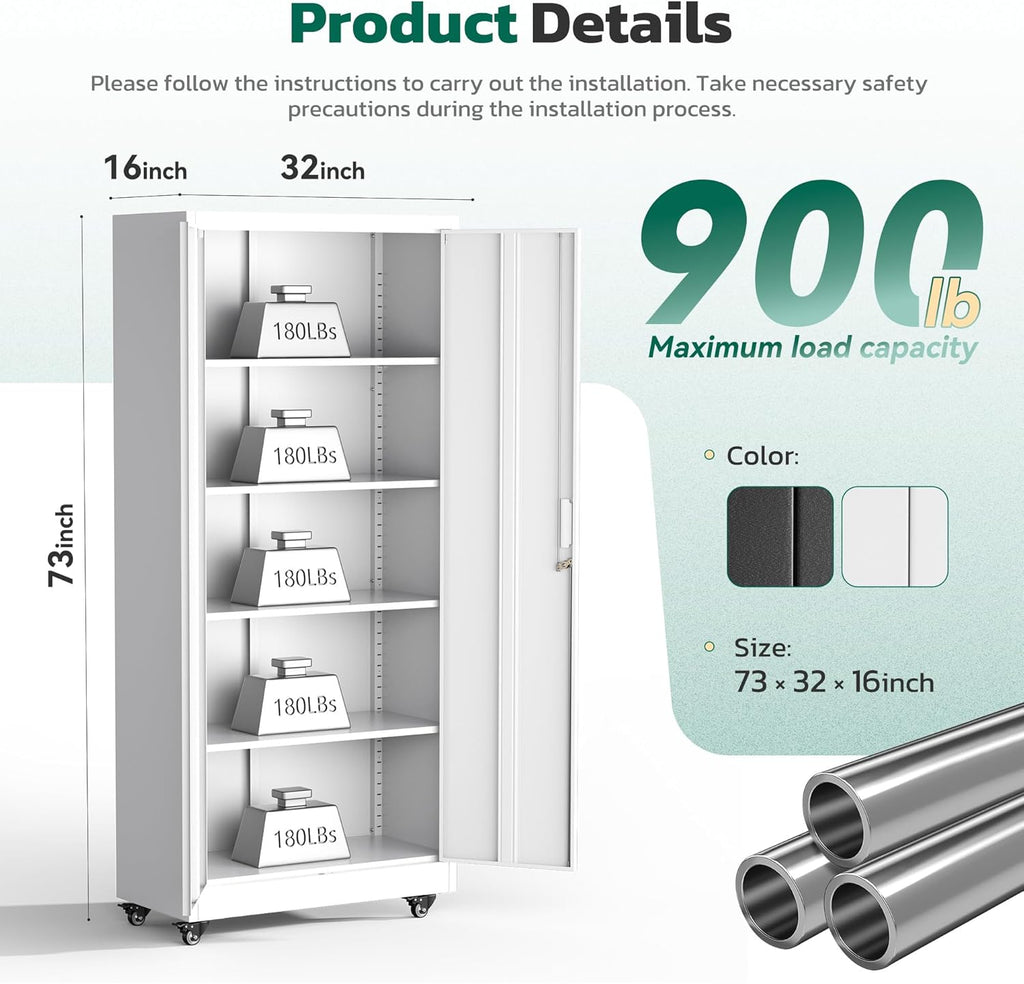 Greenvelly 73" Storage Cabinet with Wheels,Metal Rolling Garage Cabinet with Locking Doors and 4 Adjustable Shelves for Home,Kitchen,Office,Warehouse(32" W x 16" D, White)