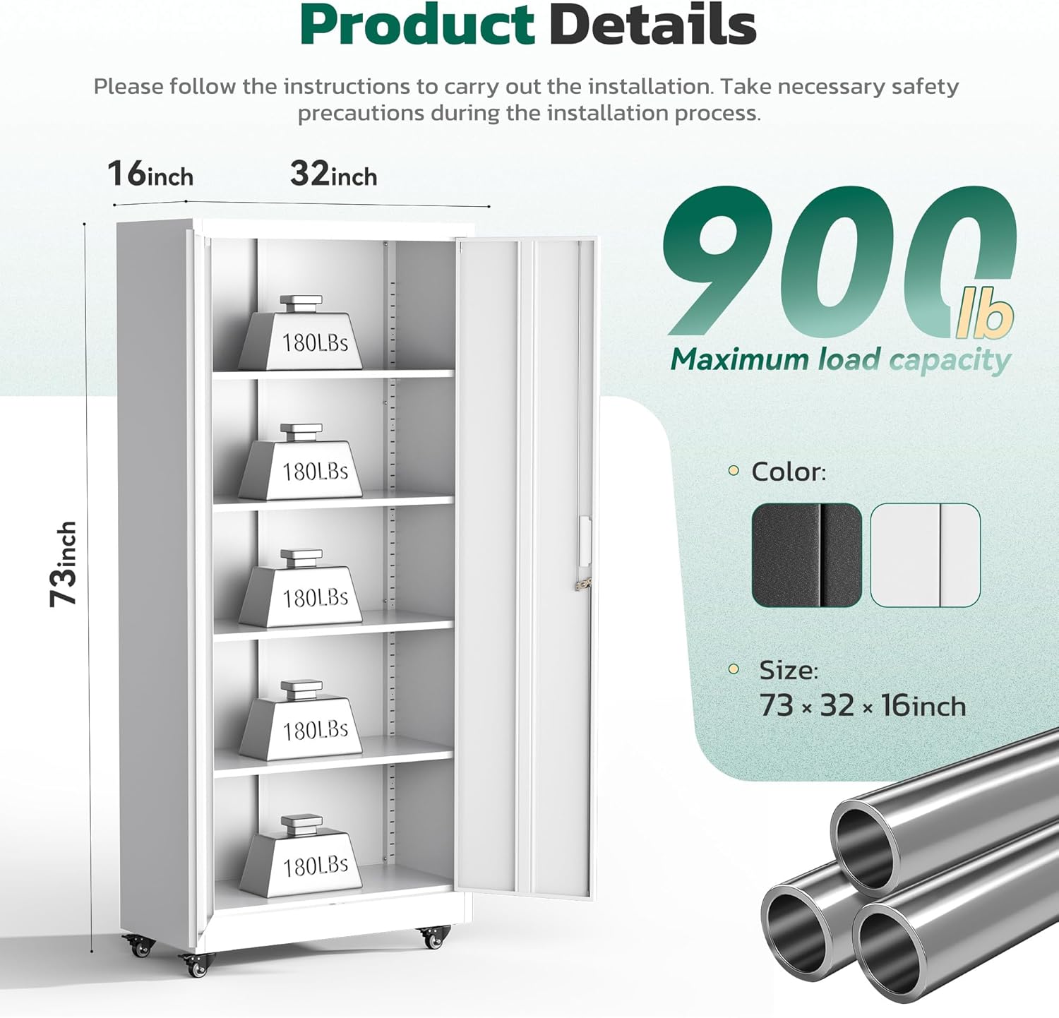 Greenvelly 73" Storage Cabinet with Wheels,Metal Rolling Garage Cabinet with Locking Doors and 4 Adjustable Shelves for Home,Kitchen,Office,Warehouse(32" W x 16" D, White)