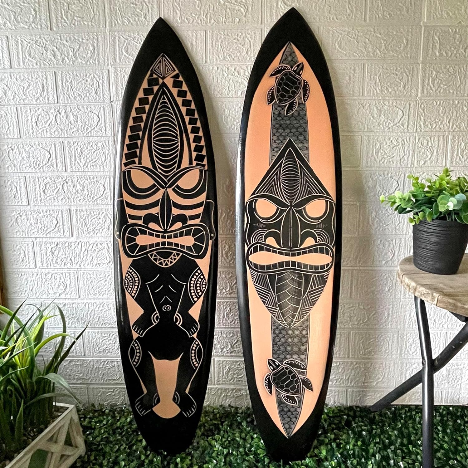 Things2Die4 Decorative Set of 2 Wall-Hanging Surfboards – Hand-Carved Wood with Tiki Mask Designs – Black with Natural Brown Accents – 39 inches Long – Tropical Island Inspired Wall Art