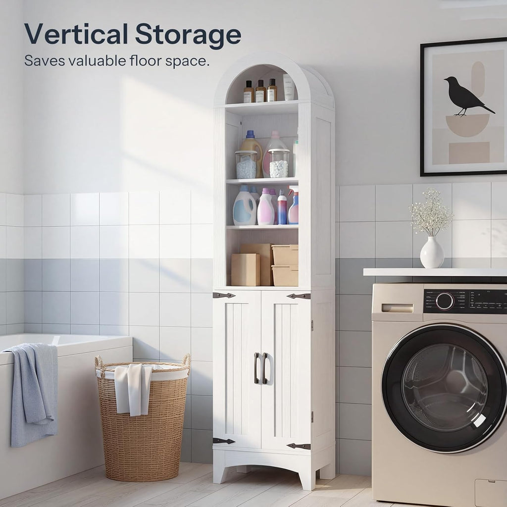 HOOBRO 67" Tall Narrow Bathroom Storage Cabinet, Arched Freestanding Floor Cabinet with 3 Adjustable Shelves and 2 Doors for Small Space, Space Saving Organizer for Bathroom, Living Room, White