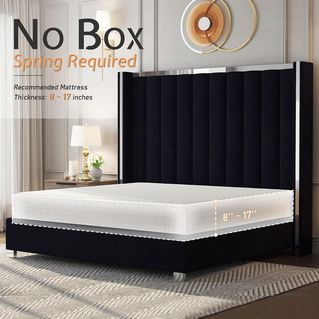 Jocisland King Size Bed Frame with 58" Tall Headboard, Velvet Upholstered Platform Bed with Channel Tufted Wingback Headboard and Plating Trim, No Box Spring Needed, Black